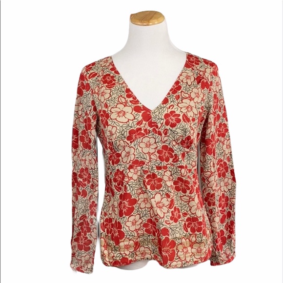 LOFT Floral Print Empire Waist Long Sleeve Side Zip V-Neck Blouse